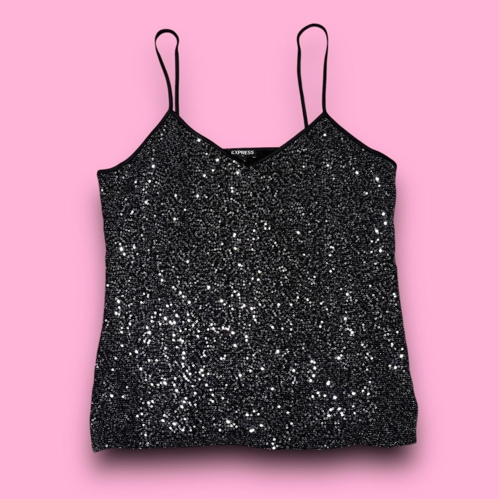 Express Black Sequin Cami Tank Top Size Large Fairygrunge Downtown Girl